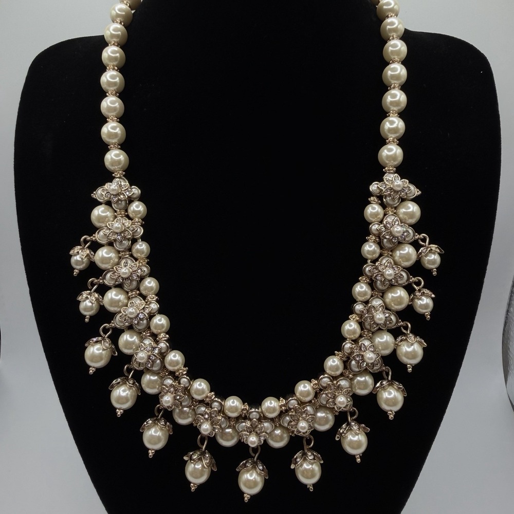 Marchesa Faux Pearl Crystal Flower Cluster Statement Bib Collar Necklace 15-18"
